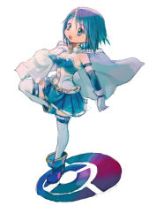 Rule 34 | 10s, 1girl, bad id, bad pixiv id, bare shoulders, blue eyes, blue hair, cape, female focus, full body, gloves, magical girl, mahou shoujo madoka magica, mahou shoujo madoka magica (anime), matching hair/eyes, miki sayaka, open mouth, short hair, simple background, solo, standing, standing on one leg, thighhighs, tomatika, white background, zettai ryouiki