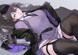 Rule 34 | 1girl, absurdres, arched back, armor, black coat, black hat, black necktie, blue eyes, brown hair, brown thighhighs, claw (weapon), clawed gauntlets, coat, commission, eyelashes, garter straps, gauntlets, gem, gloves, grey background, hair between eyes, hair ornament, hat, highres, kyo (kuroichigo), long eyelashes, long hair, looking at viewer, lying, necktie, open clothes, open coat, original, parted lips, skeb commission, skindentation, skirt, sleeves rolled up, solo, teeth, thighhighs, vambraces, weapon, white skirt