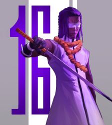 Rule 34 | 1boy, bare shoulders, bleach, cowboy shot, dark skin, dress, elbow gloves, facing viewer, forehead, gloves, grey background, hand up, hieumay, holding, holding sword, holding weapon, katana, lips, male focus, nose, number background, orange scarf, purple theme, scarf, shinigami, sleeveless, solo, sword, tousen kaname, turtleneck, two-tone background, very dark skin, weapon, white blindfold, white dress, zanpakutou
