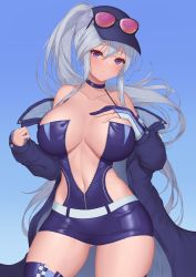 Rule 34 | 1girl, absurdres, azur lane, bare shoulders, belt, blue background, blue coat, blue dress, blue hat, blue theme, blue thighhighs, blush, breast suppress, breasts, center opening, checkered clothes, choker, cleavage, clothing cutout, coat, collarbone, cowboy shot, dress, enterprise (azur lane), enterprise (wind catcher) (azur lane), eyewear on headwear, floating hair, gloves, gluteal fold, gradient background, grey eyes, halterneck, hands up, hat, highres, large breasts, long hair, long sleeves, looking at viewer, microdress, navel, off shoulder, official alternate costume, open clothes, open coat, partially fingerless gloves, pinkcap, ponytail, purple eyes, race queen, revealing clothes, side cutout, sidelocks, silver hair, simple background, single glove, skin tight, sleeves past wrists, solo, sunglasses, thighhighs, unzipped, very long hair