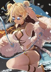 Rule 34 | 1girl, arm up, black shorts, blonde hair, breasts, cleavage, cleavage cutout, clothing cutout, djeeta (granblue fantasy), double bun, feather boa, granblue fantasy, hair bun, highres, ikenotori, looking at viewer, multicolored hair, open mouth, orange eyes, sandals, shirt, short hair, shorts, silverroar&#039;s swiftclaw (granblue fantasy), sleeveless, sleeveless shirt, small breasts, solo, streaked hair, tail, thigh strap, tiger tail, twitter username, white shirt