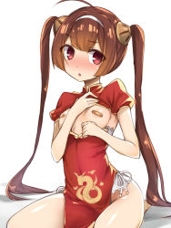 Rule 34 | 1girl, :o, ahoge, azur lane, bandaid, bandaids on nipples, barefoot, black legwear, blush, breasts, breasts out, brll, brown hair, china dress, chinese clothes, clothes pull, dress, dress pull, hairband, long hair, looking at viewer, nose blush, pasties, ping hai (azur lane), red dress, red eyes, seiza, shrug (clothing), sitting, small breasts, solo, twintails, very long hair, white hairband