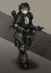 Rule 34 | 1girl, backpack, bag, bandages, bandaid, bandaid on face, bandaid on nose, belt, breasts, brown hair, buckle, camouflage, camouflage pants, cleavage, coat, dog tags, elbow pads, fingerless gloves, foregrip, gloves, goggles, gun, h&amp;k ump, heckler &amp; koch, hetza (hellshock), knee pads, m-72 law, night-vision device, original, pants, pouch, red eyes, rocket launcher, short hair, snap-fit buckle, submachine gun, tank top, thigh strap, trigger discipline, vertical forward grip, weapon