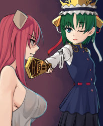 Rule 34 | 2girls, bare shoulders, blouse, blue eyes, bow, breasts, crossover, easy (aqk7bdqt), elfen lied, flat chest, green hair, horns, long hair, long sleeves, lucy (elfen lied), medium breasts, monster girl, multiple girls, one eye closed, open mouth, pink hair, red eyes, ribbon, rod of remorse, shaded face, shiki eiki, shirt, sideboob, tank top, touhou, vest, wide sleeves