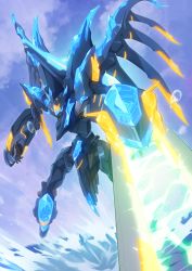 Rule 34 | arm blade, cloud, energy, energy cannon, floating, gamiani zero, glowing, highres, horns, mark alles, mecha, no humans, robot, sky, solo, soukyuu no fafner, spikes, water, weapon, wings