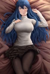 Rule 34 | 1girl, absurdres, black pantyhose, black skirt, blue hair, breasts, hair between eyes, hand on own chest, highres, large breasts, long hair, long sleeves, looking at viewer, lying, on back, open mouth, original, pantyhose, pleated skirt, skirt, solo, sweater, syn (synstyle), turtleneck, turtleneck sweater, white sweater, yellow eyes