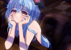Rule 34 | 1girl, alice 773, bare arms, bare shoulders, black dress, blue hair, blush, chair, checkered floor, cheek rest, closed mouth, dress, elbow rest, ganyu (genshin impact), genshin impact, goat horns, gradient eyes, hands on own face, horns, long hair, looking at viewer, multicolored eyes, purple eyes, sidelocks, sitting, sleeveless, sleeveless dress, smile, solo