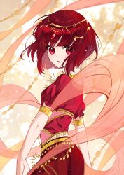 Rule 34 | 1girl, absurdres, arima kana, bob cut, commentary, highres, inverted bob, jewelry, looking at viewer, open mouth, oshi no ko, pants, red eyes, red hair, red pants, red shawl, red shirt, shawl, shirt, short hair, smile, solo, xiang yu pai