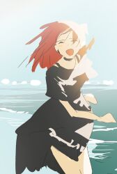 Rule 34 | 1girl, :d, ^ ^, bad id, bad twitter id, black dress, blue sky, bocchi the rock!, closed eyes, day, dress, facing viewer, highres, kerorira, kita ikuyo, long hair, ocean, one side up, open mouth, outdoors, red hair, short sleeves, sidelighting, sky, smile, solo, standing, sunlight, water, wind