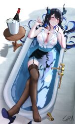Rule 34 | 1girl, absurdres, asymmetrical horns, bath, bathing, black garter straps, black hair, black skirt, black thighhighs, blue hair, blush, bottle, breasts, cleavage, collared shirt, colored inner hair, commission, covered nipples, cup, demon horns, drinking glass, feet, front-tie top, garter straps, girarikyo, hair ornament, highres, holding, hololive, hololive english, horn flower, horns, ice bucket, large breasts, long hair, looking at viewer, mole, mole under eye, multicolored hair, nerissa ravencroft, parted lips, partially submerged, pencil skirt, pink eyes, red wine, see-through, shirt, shoe dangle, signature, skirt, solo, table, tassel, tassel hair ornament, thighhighs, toes, two-tone hair, uneven horns, very long hair, virtual youtuber, wet, wet clothes, white shirt, wine bottle, wine glass