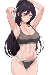 Rule 34 | 1girl, abs, absurdres, armpits, arms up, black hair, blush, bra, breasts, calvin klein, cleavage, collarbone, commentary request, commission, covered erect nipples, grey bra, grey panties, groin, highres, idolmaster, idolmaster shiny colors, large breasts, light smile, long hair, looking at viewer, nasuno-okina, navel, panties, pixiv commission, shirase sakuya, simple background, solo, stomach, tying hair, underwear, underwear only, very long hair, white background
