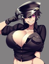 Rule 34 | 1girl, absurdres, arm behind back, black hair, breast pocket, breasts, buttons, cleavage, gloves, grey background, grin, hand on headwear, hand up, hat, hat over one eye, hat tip, highres, huge breasts, hz (666v), impossible clothes, impossible shirt, looking at viewer, midriff, original, partially unbuttoned, pink eyes, pocket, shirt, short hair, short sleeves, simple background, smile, solo, stomach, upper body, zepia (camui kamui)