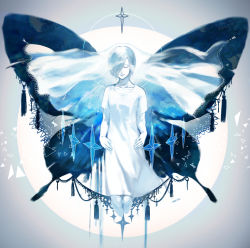 Rule 34 | 1girl, absurdres, alternate costume, blue hair, bug, butterfly, butterfly wings, closed eyes, collarbone, colored skin, cropped legs, dress, gradient background, grey background, hair over one eye, highres, insect, insect wings, kirishima touka, koujima shikasa, short hair, short sleeves, smile, solo, tokyo ghoul, tokyo ghoul:re, veil, white background, white dress, white skin, wings