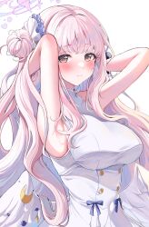 Rule 34 | 1girl, absurdres, armpits, arms behind head, arms up, bare arms, bare shoulders, blue archive, breasts, dress, feathered wings, flower, hair bun, hair flower, hair ornament, halo, highres, large breasts, long hair, looking at viewer, mika (blue archive), pink hair, sak (lemondisk), single side bun, sleeveless, sleeveless dress, smile, solo, white background, white dress, wings, yellow eyes