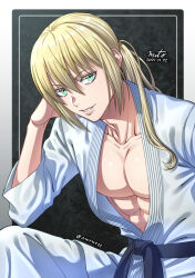 Rule 34 | 1boy, abs, bishounen, blonde hair, commentary request, dated, dougi, elbow rest, eyebrows hidden by hair, green eyes, highres, imai cosmo, karate gi, kengan (series), kengan omega, large pectorals, long hair, male focus, mito amatsu, parted lips, pectorals, sign, smile, solo, twitter username