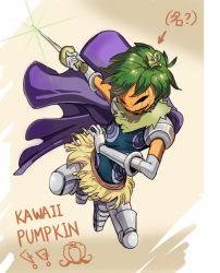 Rule 34 | !, !!, 1boy, ?, armored boots, boots, cape, character request, gloves, green hair, leaf, living (pixiv5031111), male focus, one piece, pumpkin, solo, sword, weapon