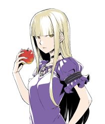 Rule 34 | 1girl, aoki hagane no arpeggio, apple, black choker, blonde hair, blunt bangs, choker, closed mouth, commentary request, dress, food, fruit, h kasei, highres, holding, holding food, holding fruit, kongou (aoki hagane no arpeggio), long hair, looking at viewer, puffy short sleeves, puffy sleeves, purple dress, short sleeves, simple background, solo, upper body, white background, yellow eyes