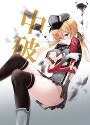 Rule 34 | 10s, 1girl, blonde hair, breasts, covering privates, covering breasts, green eyes, hat, highres, huge breasts, kantai collection, kneehighs, microskirt, military, military uniform, prinz eugen (kancolle), shiroshimu, skirt, socks, solo, thighhighs, torn clothes, twintails, uniform