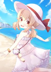 Rule 34 | 1girl, :d, absurdres, ahoge, alternate costume, bag, bag charm, bare back, beach, blue sky, bow, casual, charm (object), child, choker, cloud, cloudy sky, clover print, commentary request, dodoco (genshin impact), dress, frilled dress, frills, from behind, genshin impact, hair between eyes, handbag, hat, hat bow, hat ribbon, head tilt, highres, klee (genshin impact), light brown hair, long hair, looking at viewer, looking back, low twintails, mountainous horizon, nyxerebos, ocean, open mouth, orange eyes, outstretched arms, ribbon, scrunchie, sidelocks, sky, sleeveless, smile, solo, spread arms, standing, standing on one leg, sun hat, twintails, white dress, wrist scrunchie