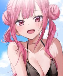 Rule 34 | 1girl, bare shoulders, bikini, black bikini, blush, breasts, chigusa minori, cleavage, collarbone, commentary request, corrupted twitter file, double bun, hair bun, halterneck, highres, long hair, medium breasts, open mouth, original, outdoors, pink eyes, pink hair, sidelocks, sky, smile, solo, swimsuit, upper body