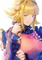 Rule 34 | 1girl, blonde hair, breasts, closed mouth, highres, long hair, looking at viewer, medium breasts, miyama (lacrima01), monica (romancing saga), purple eyes, romancing saga minstrel song, saga, shirt, simple background, smile, solo, white background