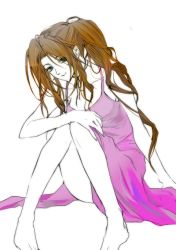 Rule 34 | 1990s (style), 1girl, aerith gainsborough, brown hair, dress, eni (yoyogieni), female focus, final fantasy, final fantasy vii, green eyes, long hair, partially colored, sitting, solo, white background