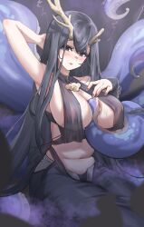 Rule 34 | 1girl, absurdres, antlers, arm up, armpits, arms behind head, asymmetrical horns, azur lane, between breasts, black dress, black hair, black nails, blush, breasts, cleavage, dress, golden hind (azur lane), hair between eyes, highres, horns, large breasts, long hair, looking at viewer, mole, mole under mouth, navel, parted lips, purple eyes, revealing clothes, signature, solo, stomach, tentacles, tongue, tongue out, unique (pixiv12704744)