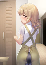 Rule 34 | 1girl, absurdres, apron, ass, blush, brown eyes, commentary, cowboy shot, deko isu, denim, drill hair, from behind, hallway, highres, idolmaster, idolmaster cinderella girls, indoors, jeans, light brown hair, long hair, looking at viewer, looking back, morikubo nono, open mouth, pants, parted lips, solo, sweatdrop, thigh gap, wooden floor