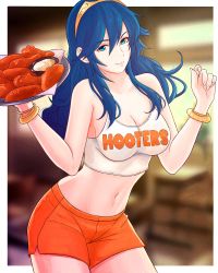 Rule 34 | 1girl, absurdres, alternate breast size, alternate costume, blue eyes, blue hair, blurry, blurry background, border, breasts, chicken (food), cleavage, contrapposto, cowboy shot, crop top, fire emblem, fire emblem awakening, food, gold hairband, hair between eyes, hairband, hands up, highres, holding, holding tray, hooters, long hair, looking at viewer, lucina (fire emblem), medium breasts, midriff, navel, nintendo, orange shorts, sauce, short shorts, shorts, sidelocks, solo, stomach, symbol in eye, tank top, thighs, tiara, tray, truejekart, waitress, wavy hair, white border, white tank top, wristband
