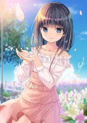 Rule 34 | 1girl, bare shoulders, black hair, blunt bangs, closed mouth, collarbone, cupping hand, cupping hands, dress, flat chest, flower, frilled dress, frilled shirt collar, frills, grey eyes, hime cut, himenogi rinze, lamppost, long sleeves, looking at viewer, love r, own hands together, petals, pink dress, quin (himegata alice), signature, smile, solo, standing, tree