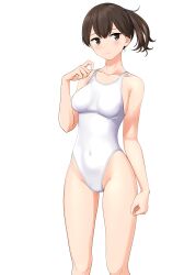 Rule 34 | 1girl, absurdres, breasts, brown eyes, brown hair, commentary request, competition swimsuit, covered navel, cowboy shot, feet out of frame, highres, kaga (kancolle), kantai collection, looking at viewer, medium breasts, medium hair, multicolored clothes, one-piece swimsuit, side ponytail, simple background, solo, standing, swimsuit, takafumi, variant set, white background, white one-piece swimsuit