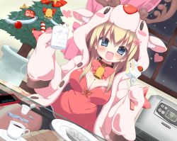 Rule 34 | 10s, 1girl, 2012, :d, bell, neck bell, bike shorts, blonde hair, blue eyes, blush, breasts, cellphone, christmas, christmas tree, cleavage, collar, cream, cup, fang, hair ornament, heart, holding, hood, hoodie, kuronekogata, long hair, looking at viewer, open mouth, original, phone, plate, sitting, smile, snowing, solo, table, window