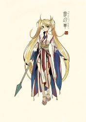 Rule 34 | 1girl, adapted costume, artist name, beige background, blonde hair, blue eyes, bradamante (fate), braid, breasts, chinese clothes, closed mouth, concept art, copyright name, crown braid, fate/grand order, fate (series), flipped hair, full body, hair between eyes, hanfu, highres, holding, holding polearm, holding spear, holding weapon, jewelry, kneehighs, layered sleeves, logo, long hair, long sleeves, looking at viewer, medium breasts, polearm, robe, sash, shoes, simple background, smile, socks, solo, spear, tassel, twintails, very long hair, walking, weapon, white socks, wide sleeves, zerocastle