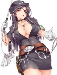Rule 34 | 1girl, animal collar, armband, baton, baton (weapon), black hair, breasts, cleavage, collar, cuffs, expandable baton, eyepatch, gloves, handcuffs, hat, key, large breasts, lips, long hair, monety, open mouth, original, pencil skirt, police, police uniform, policewoman, red eyes, short sleeves, simple background, skirt, solo, uniform, weapon, white background, white gloves, zipper