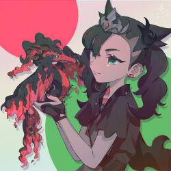 Rule 34 | 1girl, absurdres, asymmetrical bangs, beak, bird, black gloves, black hair, black skin, closed mouth, colored skin, commentary request, creatures (company), earrings, eyelashes, fingerless gloves, galarian form, galarian moltres, game freak, gen 8 pokemon, gloves, green background, green eyes, highres, holding, holding pokemon, jewelry, legendary pokemon, long hair, marnie (champion) (pokemon), marnie (pokemon), morita baltan, multicolored background, multicolored skin, nintendo, pokemon, pokemon (creature), pokemon masters ex, red background, red fire, red skin, smile, two-tone skin, upper body, white background, wings