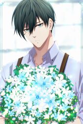 Rule 34 | 1boy, absurdres, aqua eyes, blue lock, bouquet, closed mouth, collared shirt, commentary request, flower, green hair, hair between eyes, highres, holding, holding bouquet, itoshi rin, long sleeves, male focus, may (illust man 2020), shirt, short hair, solo, suspenders, upper body, white flower