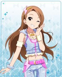 Rule 34 | 10s, 1girl, artist request, bare shoulders, belt, bracelet, breasts, brown eyes, brown hair, character name, grin, hairband, idolmaster, idolmaster (classic), idolmaster million live!, idolmaster million live! theater days, jewelry, long hair, looking at viewer, midriff, million dreams (idolmaster), minase iori, navel, necklace, official art, one eye closed, pants, small breasts, smile, solo, thigh gap