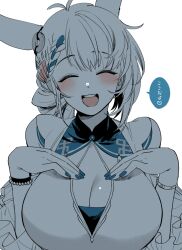 Rule 34 | 1girl, ^ ^, animal ears, antenna hair, arknights, blue nails, blush, breast focus, breasts, cleavage, closed eyes, doctor (arknights), dress, ear ornament, heart, kroos (arknights), kroos the keen glint (along the corridor) (arknights), kroos the keen glint (arknights), large breasts, looking at viewer, official alternate costume, open mouth, pov, rabbit ears, rabbit girl, revision, simple background, solo, speech bubble, spoken heart, spot color, teeth, translation request, upper body, upper teeth only, white background, yukataro