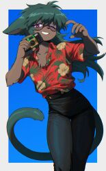 Rule 34 | 1girl, absurdres, animal ears, aqua hair, black-framed eyewear, black pants, blue background, body fur, border, camera, cat ears, cat tail, claws, collared shirt, disposable camera, furry, furry female, glasses, grin, hawaiian shirt, high-waist pants, highres, holding, holding camera, leaning to the side, long hair, m seawave, original, outside border, pants, pink eyes, semi-rimless eyewear, shirt, shirt tucked in, short sleeves, smile, solo, tail, white border