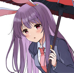 Rule 34 | 1girl, animal ears, blazer, collared shirt, crescent, crescent pin, holding, holding umbrella, jacket, long hair, long sleeves, looking at viewer, necktie, open mouth, purple hair, rabbit ears, red eyes, red necktie, red umbrella, reisen udongein inaba, shirt, simple background, solo, touhou, umbrella, upper body, white background, white shirt, yuuka nonoko