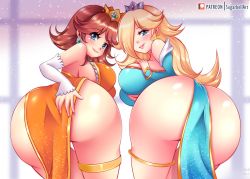 Rule 34 | 2girls, alternate costume, ass, bent over, blonde hair, blue eyes, breasts, brown hair, clothing cutout, come hither, crown, detached sleeves, dress, earrings, from behind, hair over one eye, hand on own ass, hand on own chest, huge ass, jewelry, large breasts, leaning forward, legs, lipstick, long hair, looking at viewer, looking back, makeup, mario (series), multiple girls, nintendo, pelvic curtain, princess, princess daisy, rosalina, seductive smile, short hair, sideboob, smile, sugarbell, super mario galaxy, super mario land, thick thighs, thighs, underboob, underboob cutout