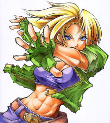 Rule 34 | 1girl, abs, belt, blue eyes, blue mary, breasts, calnarsa, cleavage, fatal fury, fingerless gloves, gloves, large breasts, muscular, shikishi, sleeves rolled up, snk, solo, the king of fighters, traditional media