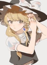 Rule 34 | 1girl, adjusting hair, arms up, black hat, black vest, blonde hair, blush, bow, braiding hair, buttons, closed mouth, commentary request, earrings, eyelashes, fingernails, grey background, hairdressing, hand in own hair, hat, hat bow, hat ribbon, highres, holding, holding own hair, jewelry, kerok (joniko1110), kirisame marisa, long hair, looking at viewer, puffy short sleeves, puffy sleeves, ribbon, short sleeves, simple background, solo, sparkle, standing, star (symbol), star earrings, touhou, upper body, vest, white bow, white ribbon, witch hat, yellow eyes