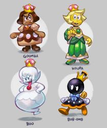 Rule 34 | ballooncar, bob-omb, boo (mario), boots, bow, brown dress, character name, dress, eyelashes, fuse, gloves, goomba, grey background, hands on own hips, highres, koopa, koopa troopa, mario (series), new super mario bros. u deluxe, nintendo, peachyboo, princess bob-omb, princess goomba, princess koopa troopa, simple background, super crown, teeth, tongue, tongue out, upper teeth only, walking, white eyes, white gloves