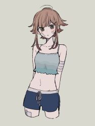 Rule 34 | 1girl, arms behind back, bandaged arm, bandages, bandaid, bandaid on cheek, bandaid on face, blush stickers, brown hair, cropped legs, flipped hair, green eyes, hair ornament, hairclip, highres, looking to the side, maco22, navel, original, parted lips, shirt, short hair with long locks, shorts, sleeveless, sleeveless shirt, solo, sweat, tank top
