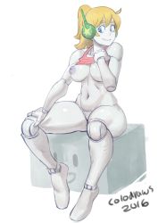 Rule 34 | 1girl, android, artist name, blonde hair, blue eyes, bottomless, breasts, clothes lift, colored skin, curly brace, doukutsu monogatari, female focus, full body, highres, inverted nipples, joints, navel, nipples, ponytail, robot ears, robot joints, shirt lift, sitting, smile, solo, white background, white skin