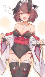 Rule 34 | 1girl, absurdres, animal ears, bare shoulders, black gloves, black leotard, black thighhighs, breasts, brown hair, commentary, cowboy shot, fang, fingerless gloves, gloves, headgear, heart, highres, japanese clothes, jewelry, kimono, kujira hebi, leotard, looking at viewer, medium breasts, necklace, obi, open mouth, rabbit ears, red eyes, sash, short hair, smile, solo, thighhighs, touhoku kiritan, translated, voiceroid, white kimono, wide sleeves
