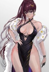 Rule 34 | 1girl, absurdres, bare shoulders, breasts, breasts apart, collarbone, dolla (dark rose) (nikke), dolla (nikke), dress, goddess of victory: nikke, hand on own hip, highres, kyel hyde, large breasts, long hair, looking at viewer, open mouth, ponytail, purple eyes, side ponytail, simple background, sketch, smile, solo, very long hair, white background