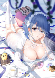 Rule 34 | 1girl, absurdres, azur lane, blue eyes, blue hair, blue ribbon, book, breasts, chapayev (azur lane), chapayev (white cavalier&#039;s respite) (azur lane), cleavage, doughnut, dress, food, food bite, hairband, highres, lace, lace-trimmed dress, lace trim, large breasts, looking at viewer, lying, manjuu (azur lane), medium hair, mole, mole on breast, nightgown, official alternate costume, on stomach, petals, pillow, ribbon, see-through, see-through dress, solo, white footwear, white hairband, white neckwear, white nightgown, you (yoyou)