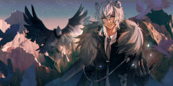 Rule 34 | 1boy, absurdres, animal ears, arknights, bird, black coat, black gloves, black necktie, closed mouth, coat, day, fur collar, gloves, grey hair, haku (muc12b), highres, leopard ears, long hair, long sleeves, looking at viewer, male focus, mountain, necktie, outdoors, outstretched hand, scenery, shirt, silverash (arknights), smile, solo, sunlight, tenzin (arknights), upper body, white shirt